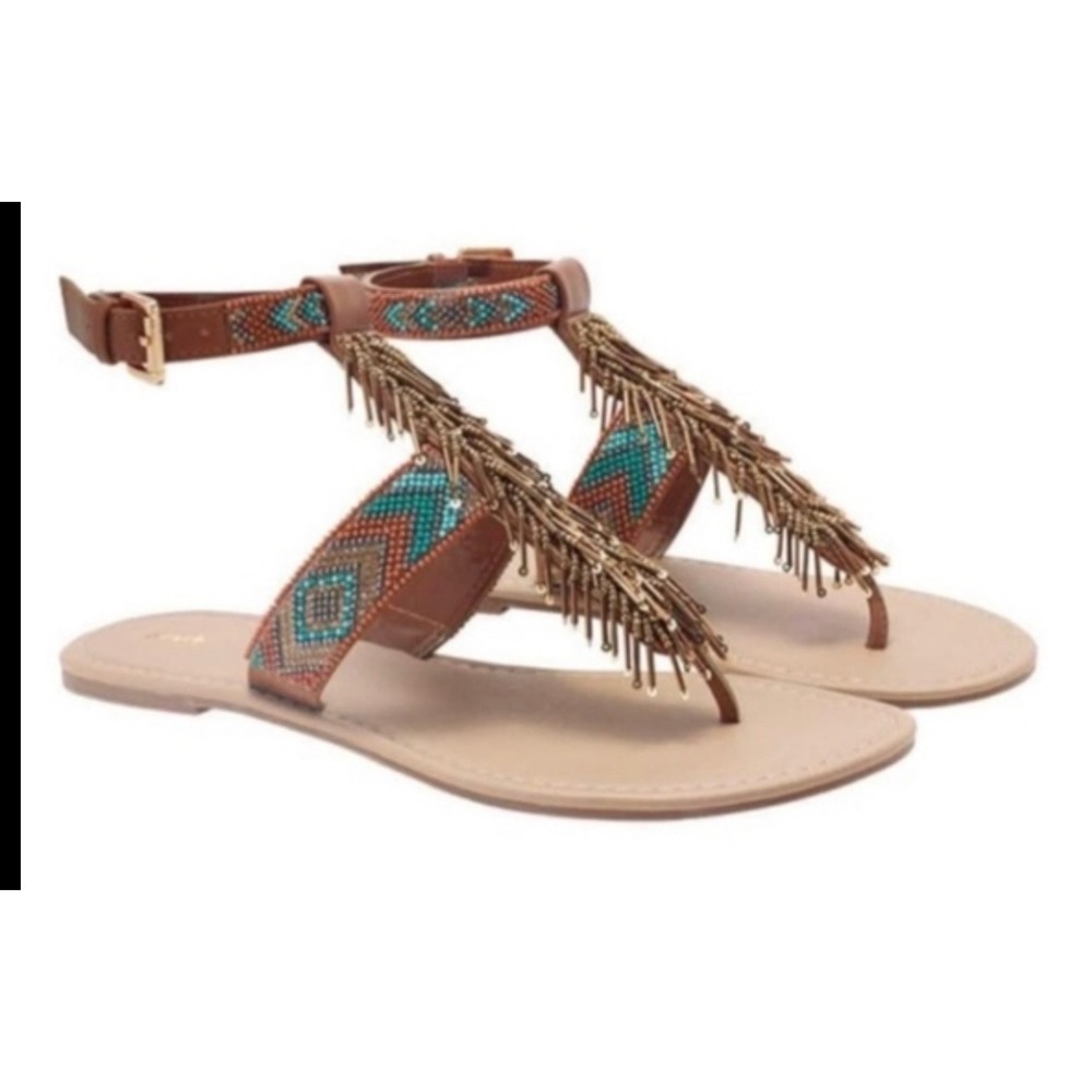 Mark Avon Brown Beaded Fringe Ankle Strap Thong Sandals Southwestern Boho  Sz 9